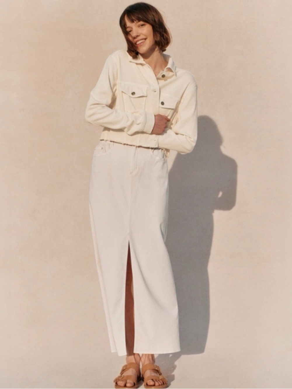 Splendid Rhiannon Cream Denim Wide-Leg Maxi Skirt with Front Slit Size Small